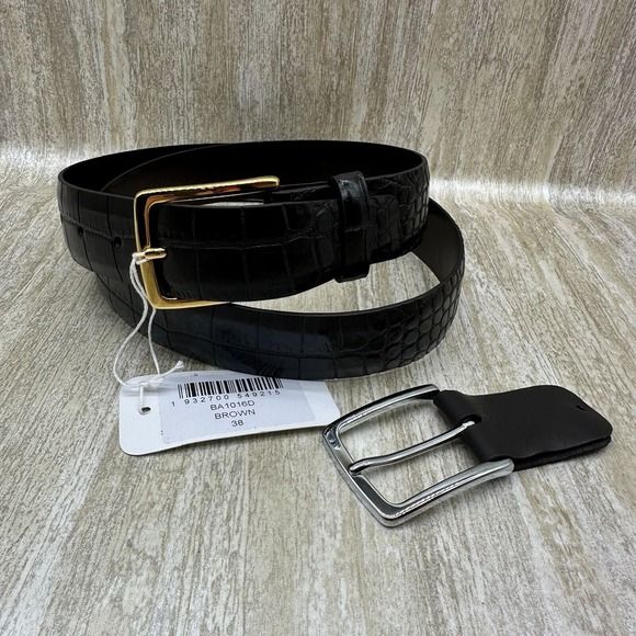 Paul Fredrick Leather Belt Italian 38 Brown Croc Embossed Changeable Buckles - Picture 1 of 14